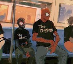 some people are sitting on a bench and one is wearing a spider man t - shirt