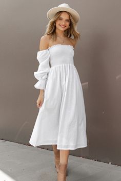 Domenica Shirred Long Sleeve Midi Dress - White - Petal & Pup USA Long Sleeve White Midi Dress, Feeling Feminine, Satin Dresses Long, Satin Dresses Long Sleeve, Off Shoulder Midi Dress, Petal And Pup, Black Tie Wedding Guests, White Dress Shoes, Resort Dresses