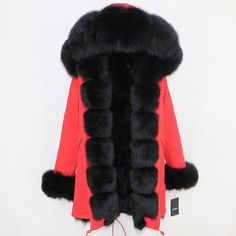 "Fox Fur Parka "Rich"-Fur parka-Pisani Maura-red black-S-Pisani Maura" Fur Parka, Real Fur, Cute Fits, Fox Fur, Parka, Rib Knit, Fur Coat, Black And Red, Zipper