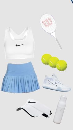 the tennis outfit is white and blue with black accents on it, along with two tennis racquets