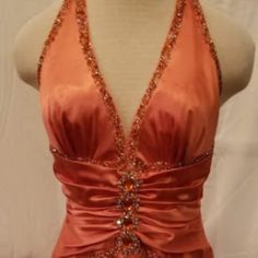 Gorgeous Peach Salmon With Rhinestone Crystal Embellishments. Deep V Neckline With Low Back And Criss Cross Straps. Full Length With Mermaid Style Hemline. Small Line From Snag In The Satin On Breast As Seen In Picture. Prom Dress 2000s, Peach Salmon, Gold Prom Dresses, Prom Ideas, Peach Dress, New York Dresses, Mermaid Style, 2000s Fashion Outfits, York Dress