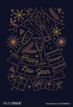 a happy new year card with champagne and gifts