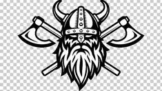 viking helmet and two crossed swords with horns on the head, black and white illustration png