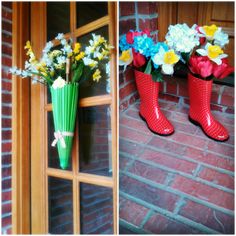 two pictures side by side one with flowers and the other with rain boots on it