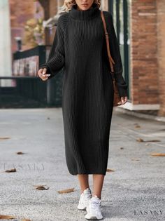 Lasaky - Long-Sleeved Knitted Turtleneck Sweater Dress for Winter, Loose Fit, Knee-Length, Perfect for Casual, Layered or Standalone Look Boho Chic, Casual Turtleneck, Modest Maxi, Raglan Sleeve Sweater, Long Knitted Dress, Long Sweater Dress, Korean Casual, Valerian, Ribbed Knit Sweater