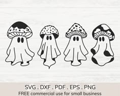 three cute little ghostes with mushrooms on their heads, one is black and white