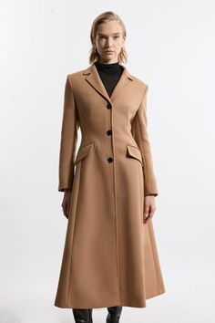 Feel Elevated No Matter The Weather In Our Longline Coat, Made In High Quality, Thick Italian Wool, Featuring Contrasting Buttons And A Flared Fit. Wear It Over Any Outfit, Whether Heading Out For Dinner Or To The Office. Premium Italian Manteco Wool Full Skirted Tailored Midaxi Coat High Quality Italian Manteco Wool Fabric Statement Flared Fit Single Breasted Button Detailing Classic Collared Neckline Fitted Structured Beige Outerwear, Fitted A-line Outerwear For Work, Fitted Camel Elegant Outerwear, Elegant Fitted Camel Outerwear, Fitted Elegant Camel Outerwear, Fitted Classic Camel Outerwear, Chic Fitted Camel Outerwear, Petite Wedding Guest Dresses, Plus Size Workwear