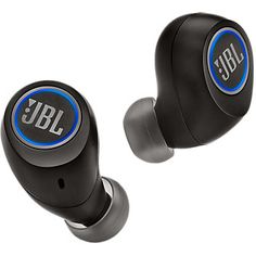 the jbl earbuds are black and have blue emblems on each one