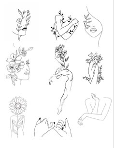 several drawings of hands and flowers on a white background