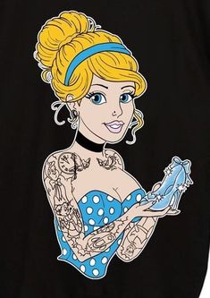 a black shirt with a drawing of a blonde woman holding a blue object in her hand