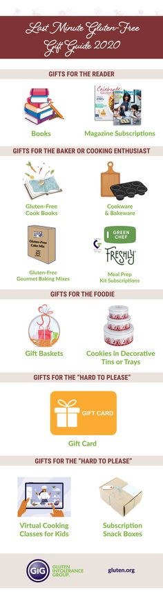 Looking for the perfect last-minute gift item for the gluten-free people you know and love? We’ve compiled some gift ideas you can order online. Books, meal prep kits, baking and cookware, and more! https://gluten.org/2020/12/08/last-minute-gluten-free-gift-guide-2020/ #holiday #shopping #gift #giftgiving #holidaycheer #joy #amazonsmile #onlineshopping #giftideas #giftwrap #stockingstuffer Gluten Free Gifts, Green Chef, Online Books, Baking Mixes, Foodie Gifts, Holiday Shopping, Free Gift, Order Online