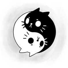 a black and white drawing of a cat sleeping on top of a yin yang symbol