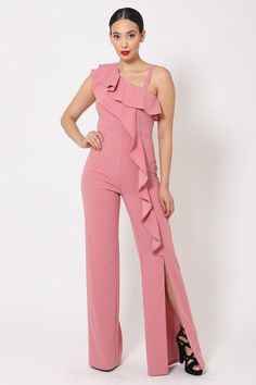 ImportedS.M.L.One Shoulder Ruffle JumpsuitDouble Layered Ruffle on the Side , One Side Front Wide Slit on the Pants, Thick StrapFlared Leg Design, Zipper on Side95% Polyester 5% Spandex Dark Mauve VAL One Shoulder Ruffle Jumpsuit Item Measurements: SIZE SMeasurements: SIZE SLength:" Waist:" Bust:" Dark Mauve, Ruffle Jumpsuit, Leg Design, On The Side, Jumpsuits For Women, Ruffles, Fashion Forward, Jumpsuit Romper, Perfect Fit