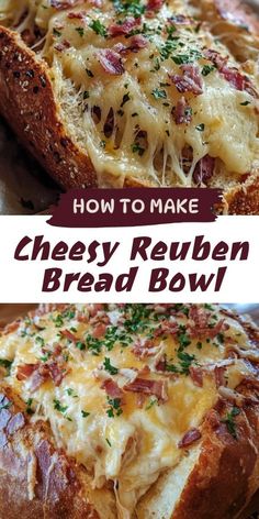 cheesy reuben bread bowl with text overlay