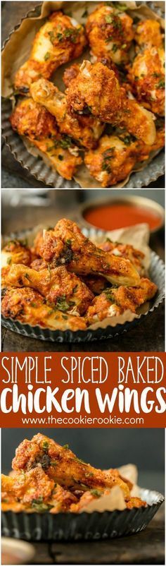 some chicken wings are sitting in a pan on a table with the words simple spiced baked chicken wings