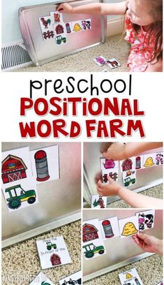 a collage of photos showing the words preschool positional word farm