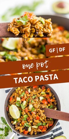 one pot taco pasta in a skillet with the title overlay that reads, one pot taco pasta