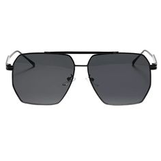 Lens 60 / Bridge 13 / Temple 138 Goldie polarized sunglasses feature a square aviator frame with sleek metal temples and comfortable nose pads. These sunnies feature a high-quality frame with glare-reducing polarized lenses and 100% UV protection. Includes Fifth & Ninth transparent travel case. Modern Metal Frame Aviator Sunglasses For Beach, Matte Black Metal Frame Sunglasses For Summer, Black Metal Frame Sunglasses For Beach, Matte Black Aviator Sunglasses With Uv Protection For Summer, Modern Matte Black Summer Aviator Sunglasses, Matte Black Aviator Sunglasses With Gradient Lenses For Summer, Black Aviator Sunglasses For The Beach, Matte Black Aviator Sunglasses With Tinted Lenses For Summer, Black Rimless Aviator Sunglasses For Summer