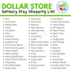 Sensory play dollar store shopping list Sensory Bags, Sensory Boxes, Daycare Activities, Kids Sensory, Preschool Curriculum