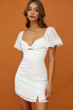 Shop the Molli Sheer Puff Sleeve Twist Feature Dress White | Selfie Leslie White Dress Floral, Leslie White, Selfie Leslie, Balloon Sleeve Dress, Grad Dresses, White Floral Dress, Clothing Tags, Embellished Dress, Faux Wrap Dress