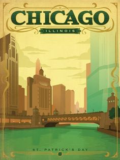 the chicago skyline is shown in this vintage style poster from the early 1900's