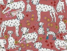 a red background with dalmatian dogs and flowers on it's sides, all in different sizes