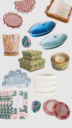 many different types of decorative items are arranged in the shape of baskets and bowls on display