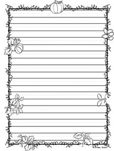 a blank lined paper with pumpkins and vines on the border, in black and white