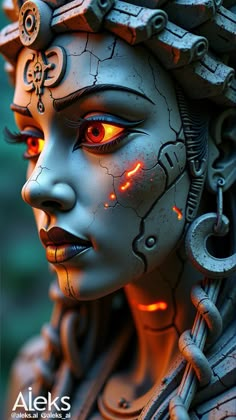 a woman's face with red eyes and gears on her head is lit up