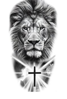 a black and white photo of a lion with a cross