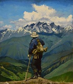 a painting of a man standing on top of a hill with mountains in the background