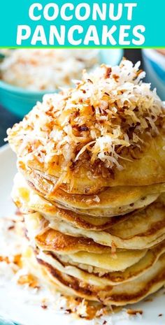 a stack of coconut pancakes on a white plate with the title overlay above it