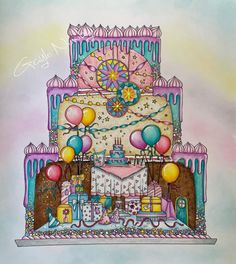 a painting of a birthday cake with balloons