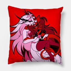 a red pillow with an image of two cartoon characters hugging each other on the front