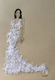 a drawing of a woman in a dress made out of shredded white paper and thread