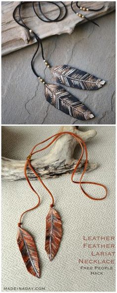 three different pictures of feathers and beads on a piece of fabric with text that reads leather feather jewelry necklaces