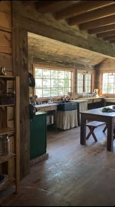 an open kitchen and dining area in a log cabin