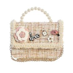 Lovely tweed bag with beautiful flower and pearl accents. The purse features pearls along the flap and a pearl handle. It has a removable chain strap. Tweed Purse, Tweed Bag, Pink Tweed, Casual White Dress, Trendy Boutique, Modern Boutique, Girls Handbags, Kids Boutique, Children's Boutique