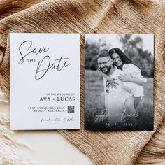 an save the date card is shown on top of a piece of fabric next to a photo