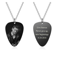 PRICES MAY VARY. Quality Material: The guitar pick necklace is made from high-grade stainless steel,which is a strong, corrosion-resistant, and low allergy metal, will not tarnish or rust over time.Double side polishing finish makes the engrave easy to read. Design Your Own Style- Engraved Black and White picture on the front and custom your special messsage on the back side. If you have any special requirements for your engraving, please contact us as soon as possible upon you submit the order. Guitar Pick Keychain, Pick Necklace, Guitarist Gifts, Guitar Picks Personalized, Guitar Pick Necklace, Unique Guitars, Steel Guitar, Picture Engraving, Photo Keychain