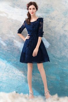 Buy Modest Navy Blue Lace Short Prom Party Dress With Half Sleeves at wholesale price online. Free shipping and pro custom service since 2009. Modest Black Prom Dress, Party Dress Modest, Formal Dress Short, Navy Blue Party Dress, Affordable Formal Dresses, Sleeve Formal Dress, Navy Blue Party, Short Semi Formal Dresses, Party Dresses With Sleeves