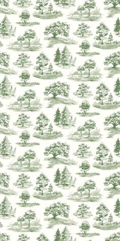 a green and white wallpaper with trees on it