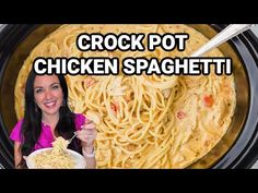 a woman holding a fork in front of a bowl of chicken spaghetti with the words crock pot chicken spaghetti