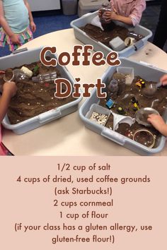 kids are playing with coffee dirt at the table