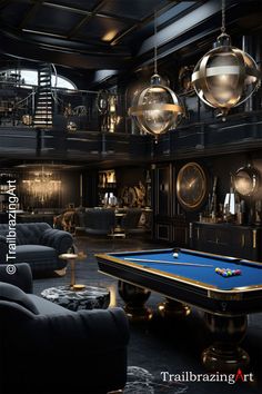 a billiard table in the middle of a room with couches and lamps hanging from the ceiling