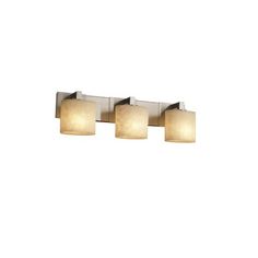 three light bathroom fixture in chrome finish with white fabric shades on the top and bottom