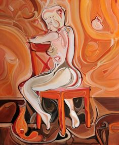 a painting of a woman sitting on a red chair in front of an orange background