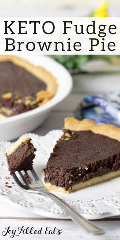 a slice of keto fudge brownie pie on a plate with a fork