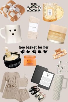 various items are arranged in the shape of a collage with words that read boo basket for her