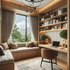 a living room filled with lots of furniture and a laptop on top of a desk